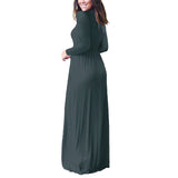 Women Tunic Waist Full Length Dress Solid Color Scoop Neck Slim Fit Long Sleeve