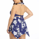 Women Plus Size Floral Swimdress Swimming Costumes Two Piece Swimwear Swimsuit for Ladies, Halterneck Bathing Suit Beachwear Push Up Padded Bra Backless Tummy Control
