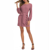 Women Solid Color Puff Sleeve Mini Dress Casual Loose Lace Up Pencil Tunic Dress
