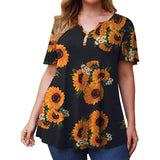Womens Flower Print Buckle Small V Neck T-Shirt Pullover Summer Short Sleeve Top