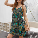 Women Sleeveless V Neck Dress Leopard Printed Splicing Casual Swing Dress Button