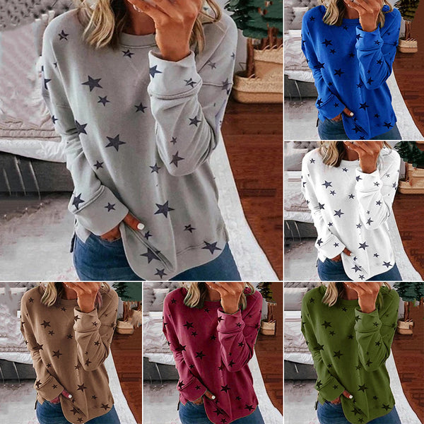 Women Stars Printed Long Sleeve Casual Pullover Sweatshirt Tops Blouse Side Slit