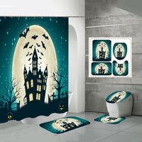 4 Pcs Halloween Decor Shower Curtain Set with Non-Slip Bath Mat, Toilet Pedestal Rugs and Toilet Lid Cover, Waterproof Bat Ghost Shower Curtains with 12 Hooks