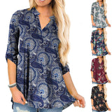 Floral Printed V Neck Long Sleeve T-Shirt For Women Pullover Blouse Tops Tunic Tee