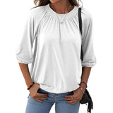 Women Solid Color Crew Neck Ruched 3/4 Sleeve Tops T-Shirt Blouse Pullover Tee