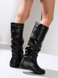 Womens Knee High Boots Winter Warm Fashion Leather Chunky Heel Slip On Flat Booties