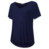 Women Casual Oversized V Neck Short Sleeves Tops T-Shirt Blouses Pullover Pocket