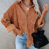 Women's Solid Color Lapel Long Corduroy Sleeve T-Shirt Pullover Blouse Tops Tee