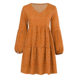 Womens Polka Dot Mini Dress Ruffled Long Sleeve V Neck Autumn A-line Loose Dress