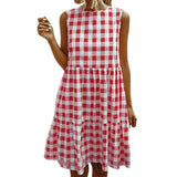Women's Casual Ruffle Plaid Printed Midi Dress Sleeveless Swing Dress Sundress