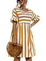 Women Fashion Skirt Striped Printed Short Sleeve Round Neck Casual Dress Ruffles