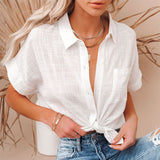 Women Short Sleeve Solid Color T-Shirt Blouse Lapel Buttons Casual Pullover
