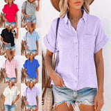 Women Short Sleeve Solid Color T-Shirt Blouse Lapel Buttons Casual Pullover
