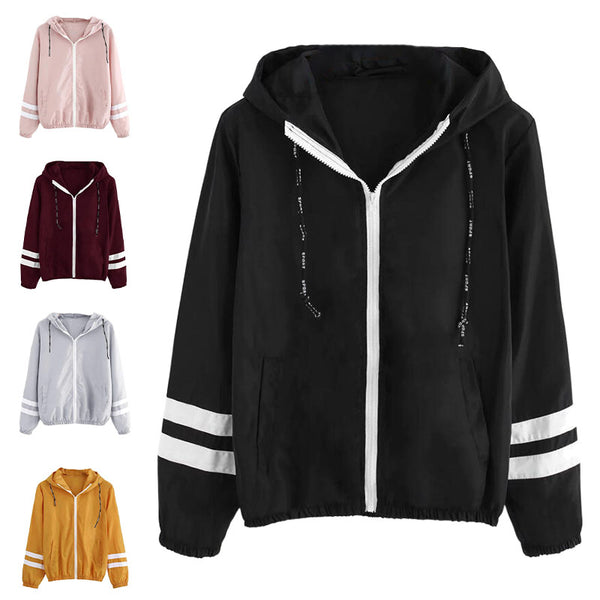 Womens Double Stripes Stitching Long Sleeve Hooded Sweatshirt Hoodie Pullover