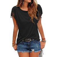 Plus Size Women Summer Short Sleeve Tassel Casual Tops Blouses Solid T-Shirt Bodycon Scoop Neck Shirt