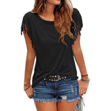 Plus Size Women Summer Short Sleeve Tassel Casual Tops Blouses Solid T-Shirt Bodycon Scoop Neck Shirt