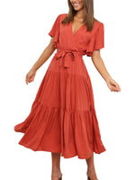 Women's Solid Color Dress Long Short Sleeve Lace Up V Neck Comfortable Dresses