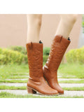 Women's Fashion Embroidery Western Chunky Pointed Toe Mid Calf Boots