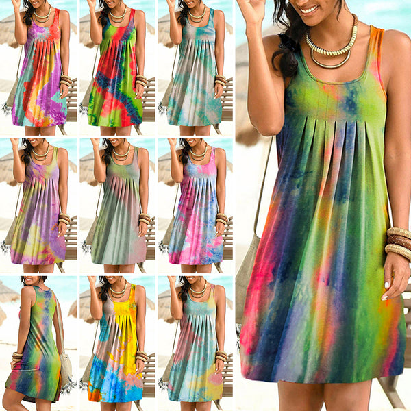 Women's Tie Dye Sleeveless Short Dress Ladies Summer Casual Vest Top Mini Dress