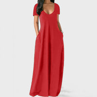 Women Solid Color Long Dress U Neck With Pockets Short Sleeve Comfortable Dress