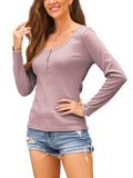 Women Slim Low V Neck T-Shirt Casual Long Sleeve Top Lady Button Basic Blouse