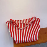 Striped Canvas Beach Tote Casual Daily Travel Shoulder Bag Handbag Shopping Bag