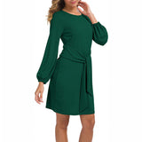 Women Solid Color Puff Sleeve Mini Dress Casual Loose Lace Up Pencil Tunic Dress
