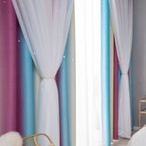 Double Layer Gradient Blackout + Sheer Curtains Starry Hollow-Out Stars Curtain Room Darkening Starry Curtain Eyelet Ring Top Window Drape for Kids Girls Children Bedroom Decor