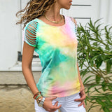 Tie Dye strapless Ripped T-shirt Tee Hipster Fashion Festival Grunge Rainbow Top