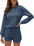 Women Two Piece Tracksuit Set Knitted Long Sleeve Tops Shorts Fitness Loungewear