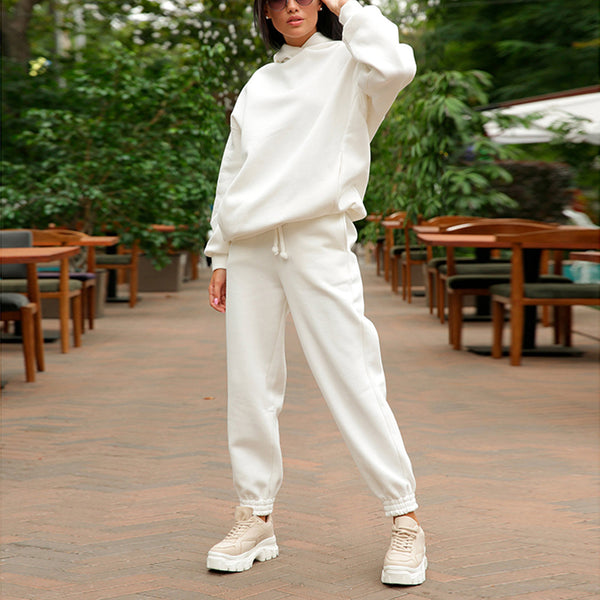 2 Pcs Suit Set Women's Solid Color Casual Long Sleeve Hooded Pullover Long Pant