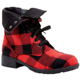 Women Red Plaid Chunky Mid Calf Boots Shoes Warm Booties Lace Up& Zip Round Toe