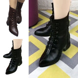 Womens Solid Color Chunky Heels Pointed Toe Slip On Mid Calf Boots Fashion Shoes