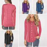Women Long Sleeve Ruched Button Down Solid Color Tunic Top Ladies Crew Neck Casual Baggy T Shirt Blouse