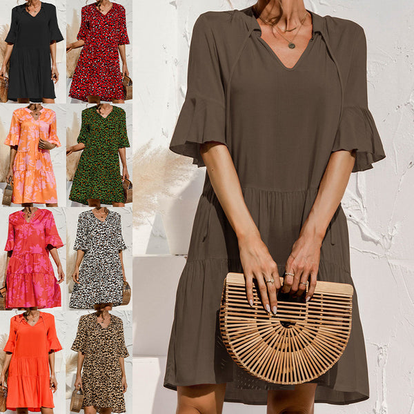 Ladies V-neck Flared Short Sleeves Cake Splicing Color Printed Casual Midi Dress