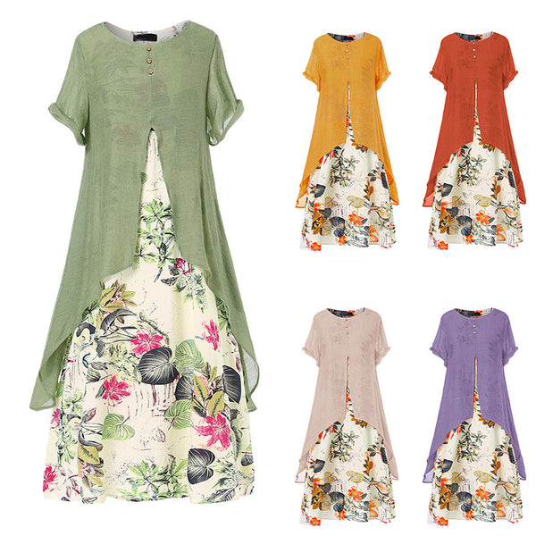 Women's Floral Printed Fake Two Dresses Skirt Short Sleeve Crew Neck Plus Size