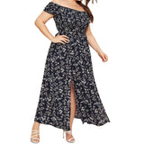 Women Sexy Floral Printed Maxi Dresses Short Sleeve Swing Dress Skirt Side Split
