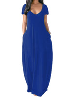 Women Solid Color Long Dress U Neck With Pockets Short Sleeve Comfortable Dress