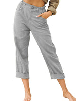 Women Ladies Solid Cotton Linen Pants Pocket Button Loose Ladies Casual Trousers