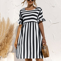 Women Fashion Skirt Striped Printed Short Sleeve Round Neck Casual Dress Ruffles