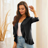 Women's Solid Color Ruffle Edge Midi Sleeve Cardigan Fashionable Commuting Tops