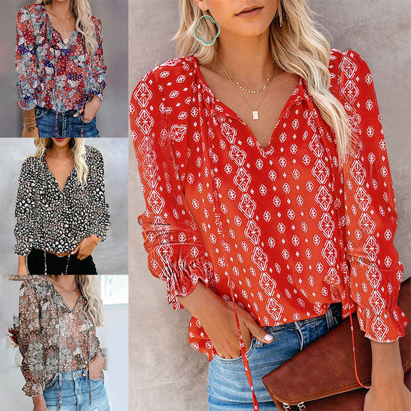 Women's Floral Print V Neck Loose Fit Long Lantern Sleeve T Shirts Pullover Tops