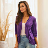 Women's Solid Color Ruffle Edge Midi Sleeve Cardigan Fashionable Commuting Tops