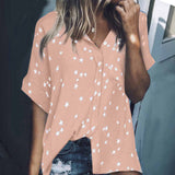 Women's Star Printed Button Up Shirt Lapel V-neck Bat Short-sleeve Blouse Shirt