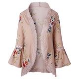 Lady Lace Hollow Flowers Flared Sleeve Open Front Outwear Casual Light Smock Top