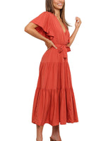 Women's Solid Color Dress Long Short Sleeve Lace Up V Neck Comfortable Dresses