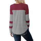 Women Long Sleeve Crew Neck Striped Print T-Shirt with Pocket