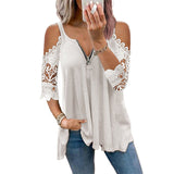Women Solid Color Hollow Lace Sleeve Strappy Casual Tops T-Shirt Blouse Pullover