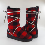 Women Red Plaid Lace Up Cotton Boots Flat Round Toe Casual High Top Warm Boots