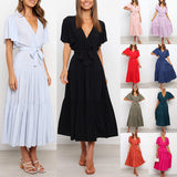 Women's Solid Color Dress Long Short Sleeve Lace Up V Neck Comfortable Dresses